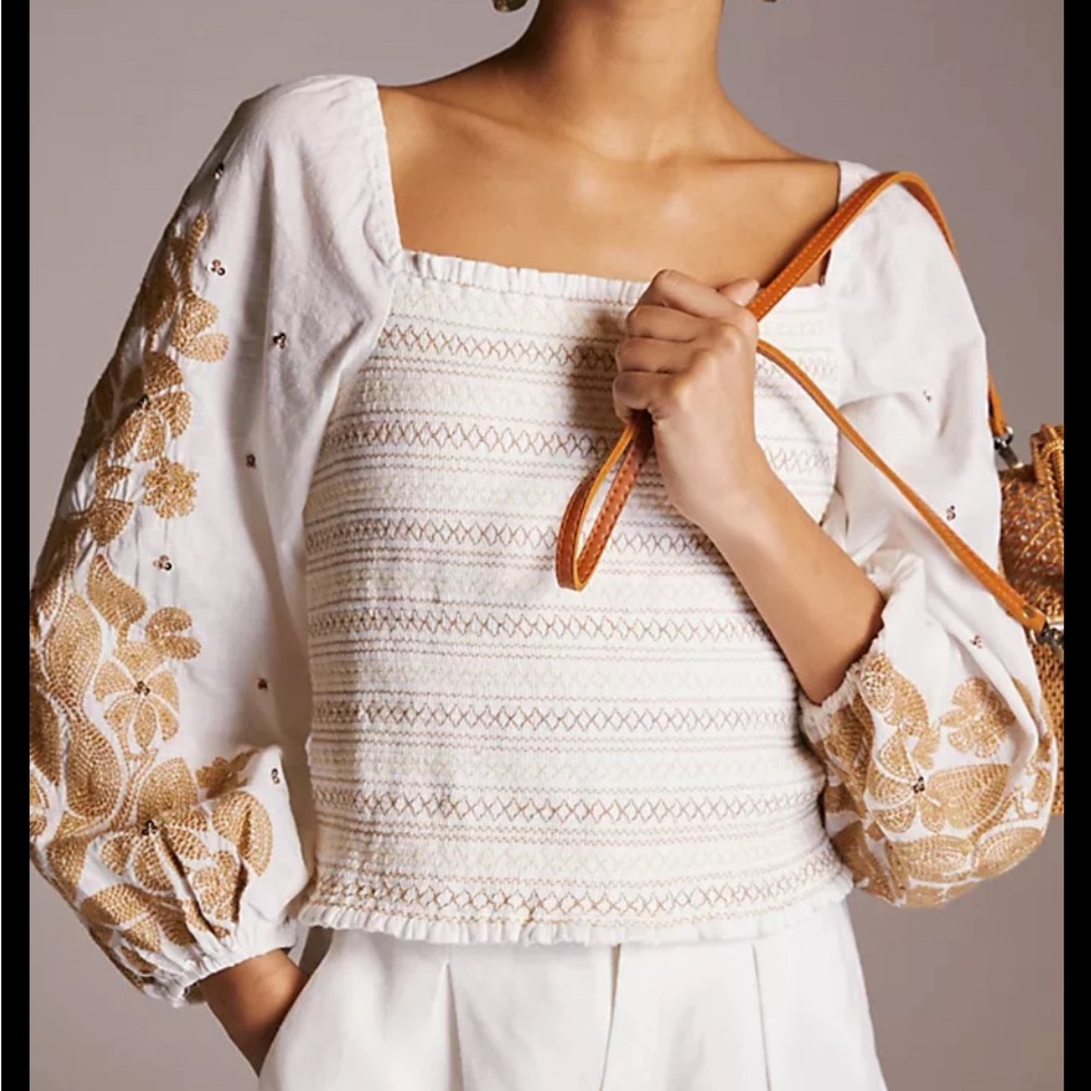 Anthropologie Smocked Embroidered Puff Sleeve Top NWT size 1XL